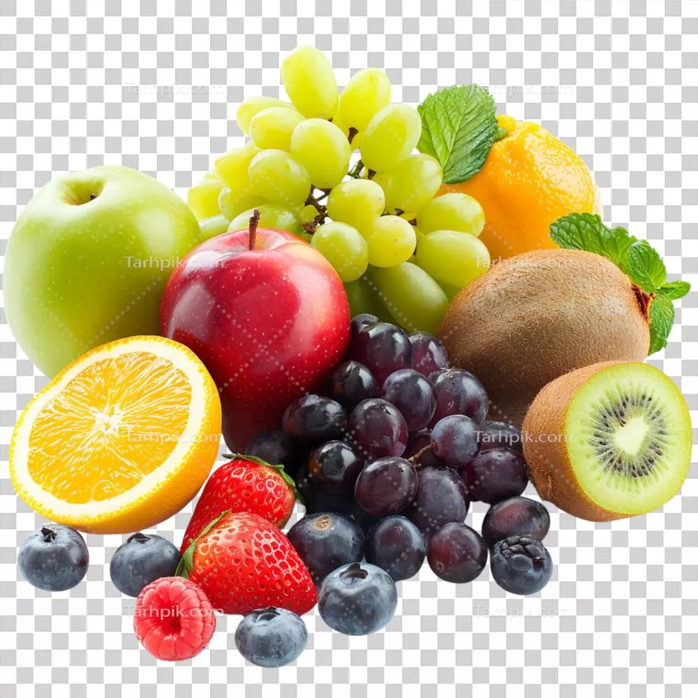 تنوع رنگارنگ از میوه های تازه و خوشمزه در پس زمینه شفاف