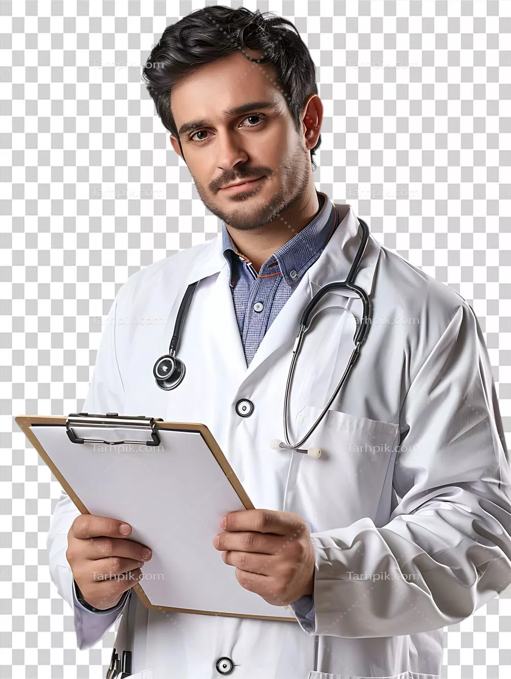 پزشک در حال نوشتن بر روی تبلت با پس زمینه شفاف