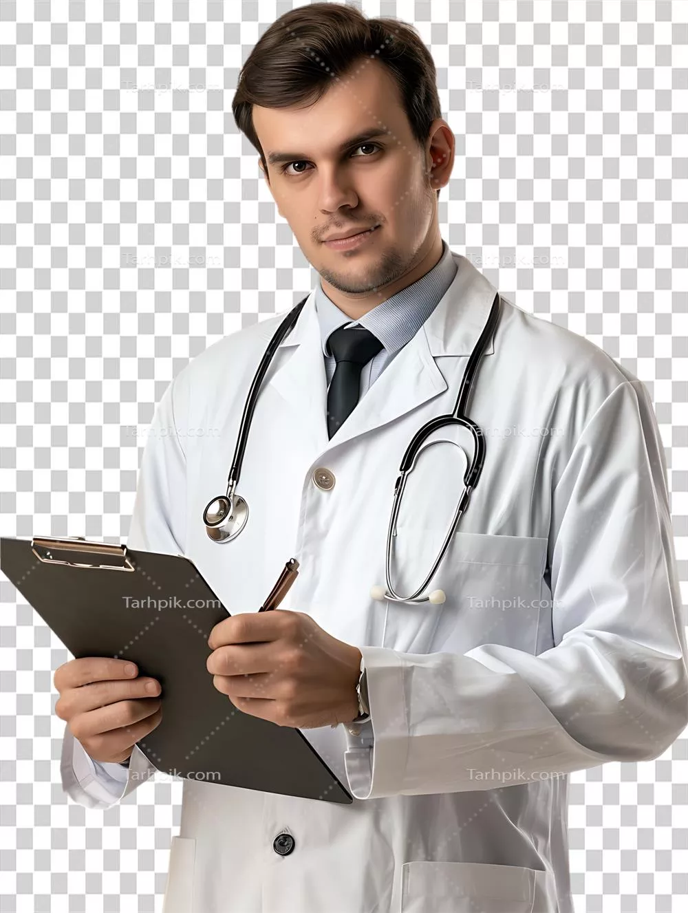 پزشک در حال نوشتن بر روی کلیپبرد در پسزمینه شفاف