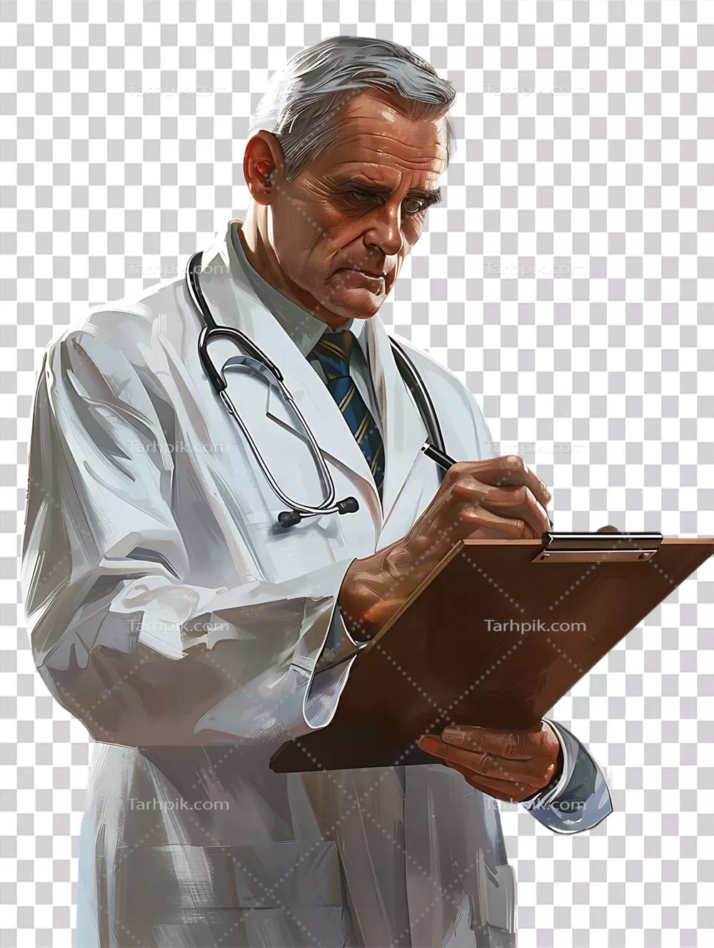 پزشک در حال نوشتن بر روی کلیپ بورد با پسزمینه شفاف