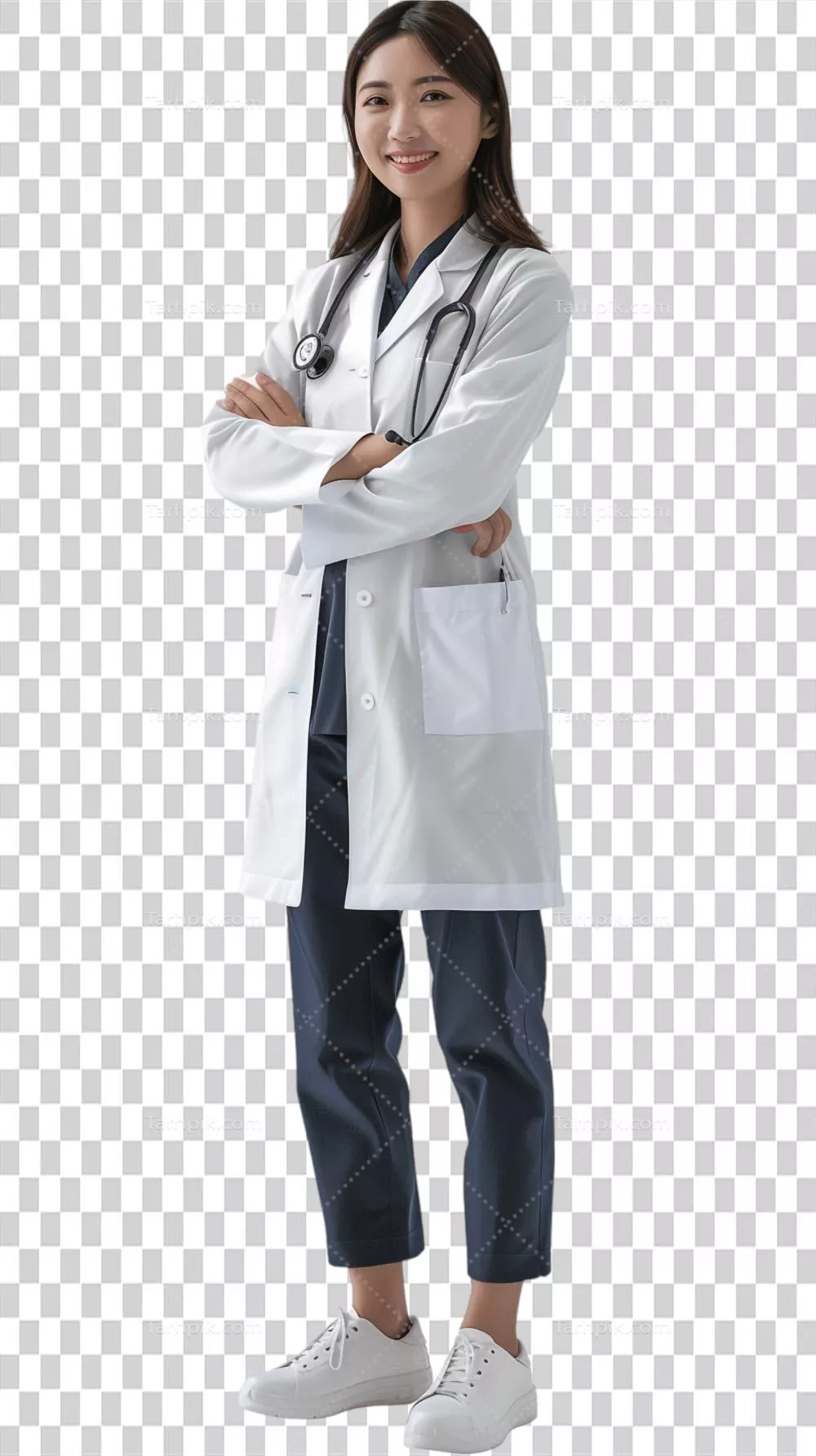 پزشک زن با لبخند و اعتماد به نفس بر روی پس‌زمینه شفاف