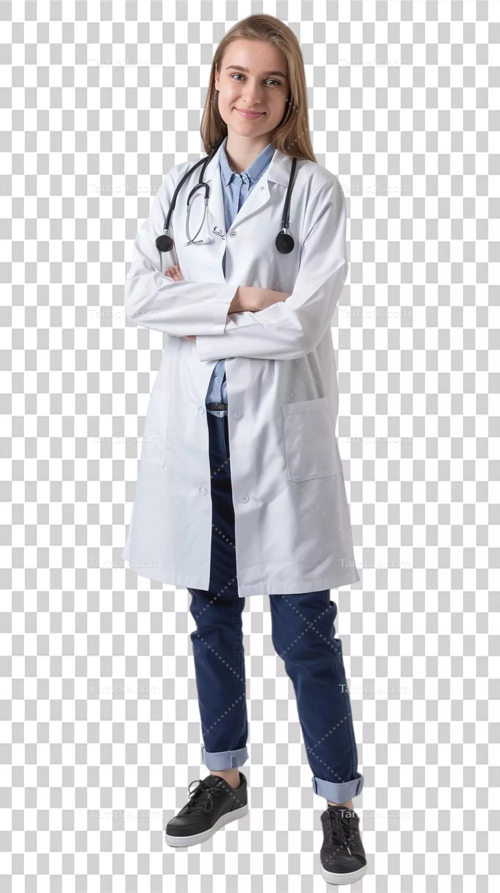 پزشک زن خوشحال و مطمئن با پسزمینه شفاف و بدون آزار