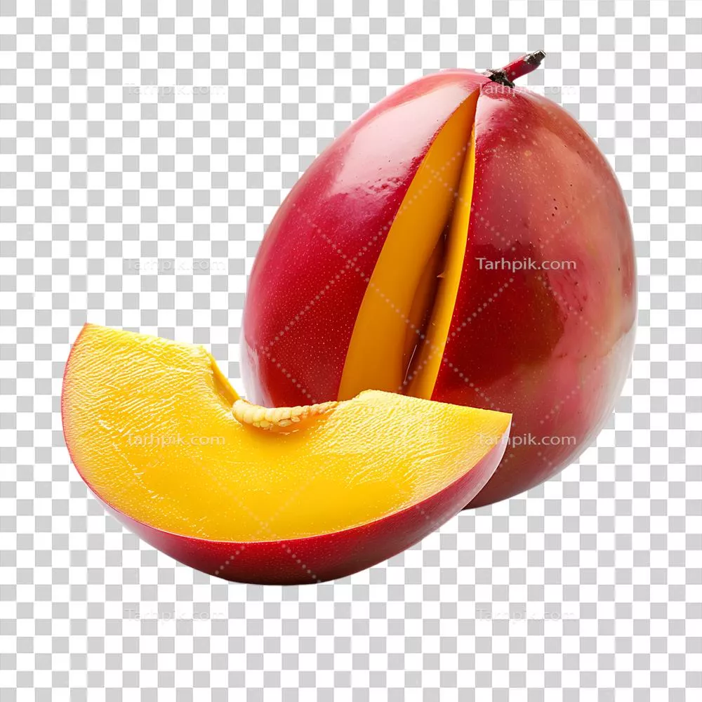 مجموعه ای از انبه های کامل و برش زده شده بر روی پس زمینه شفاف