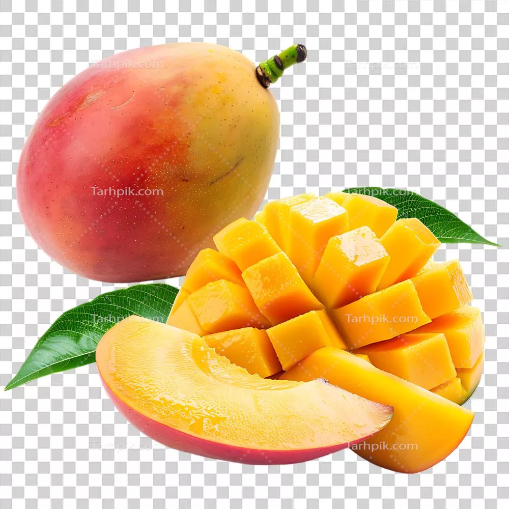 مجموعه ای از انبه‌های کامل و برش‌خورده در پس‌زمینه شفاف