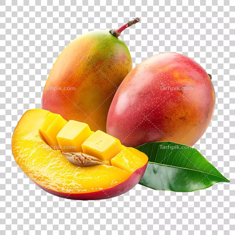 محوطات و برش خورده انبه در برابر پسزمینه شفاف و بدون عیب و نقص