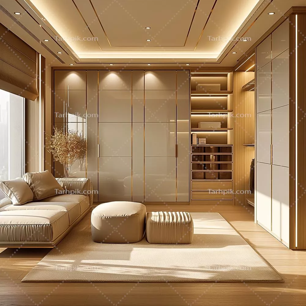 طراحی داخلی یک اتاق پرو مدرن با تزیینات طلایی و چوبی