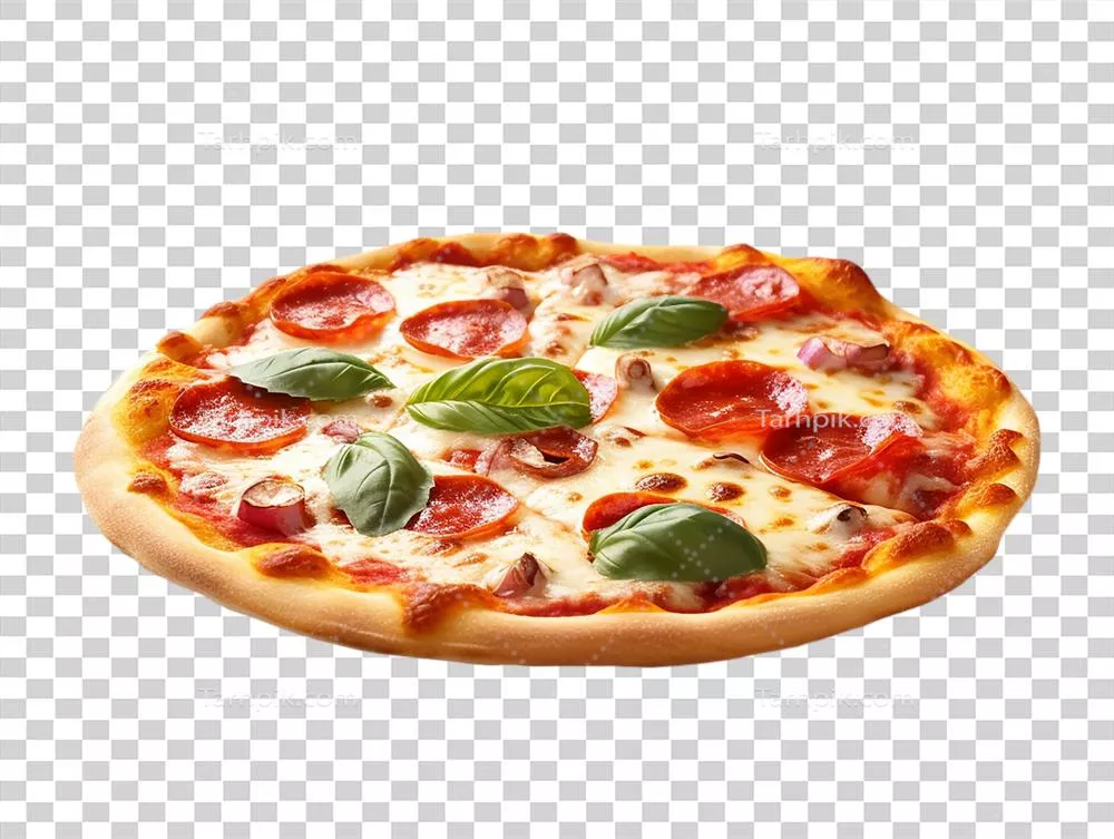 پیتزا با فلفل دلمهای و ریحان بر روی پسزمینه شفاف