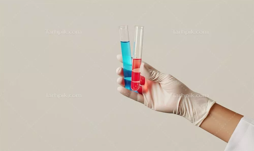 آزمایشات علمی با دستکش پزشکی: استفاده از لولههای آزمایش مایع آبی و قرمز