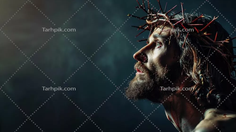 پرتره‌ای دراماتیک از عیسی مسیح با تاج خار در حال تفکر عمیق