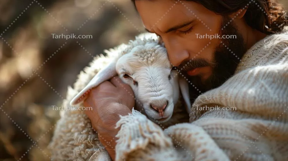 تصویری نزدیک از عیسی مسیح که با عشق و مراقبت یک بره سفید کوچک را در آغوش گرفته است