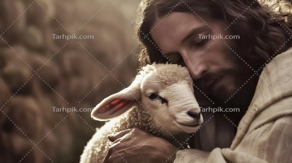 پرتره نزدیک از عیسی مسیح که با محبت بره‌ای نرم در یک محیط آرام و دلنشین آغوش کرده است