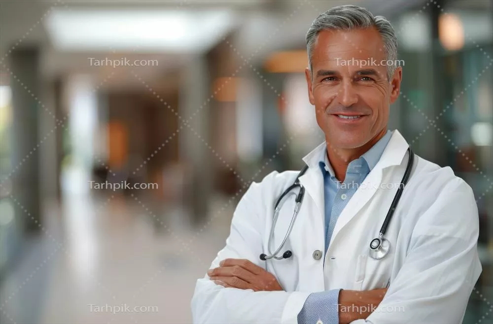 دکتری با تجربه در اداره پزشکی با پسزمینه هنری انتزاعی و لبخند زده