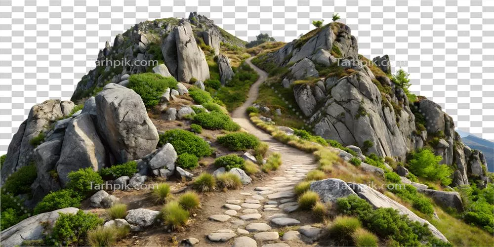 مسیر کوهستانی سنگی که از میان سبزه‌های سرسبز و در یک روز آفتابی می‌پیچد