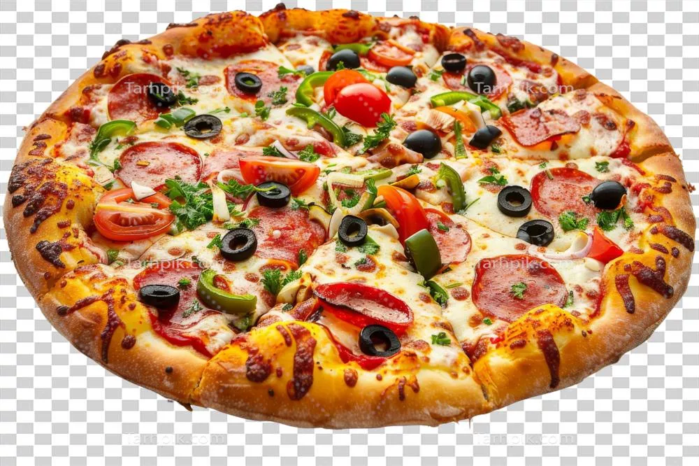 پیتزا خوشمزه‌ با فلفل دلمه‌ای سبز و زیتون‌های سیاه و پپرونی