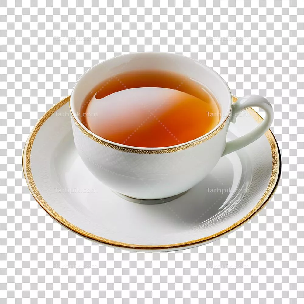 یک فنجان چای روی نعلبکی با لبه طلایی قرار دارد
