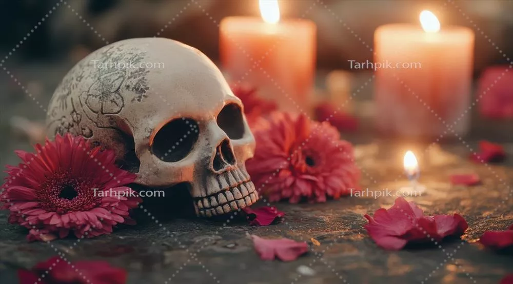 جماعت رنگارنگ و شاداب، سر جمجمه با گل‌های مارگاریته و شمع‌ها در جشن دیادلوسموئرتوس