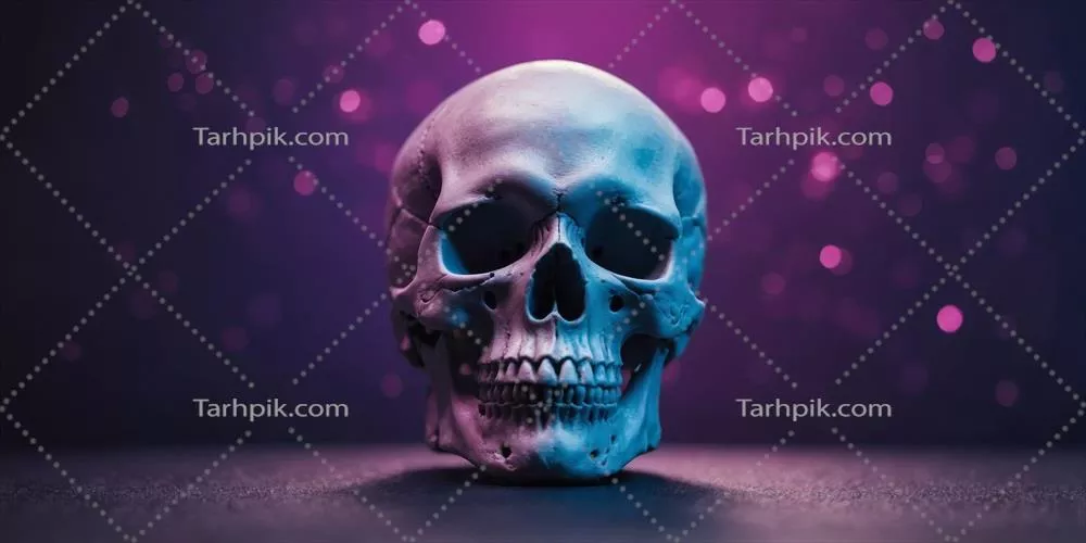 تصویر زمینه بنفش با جمجمه سفید و جمجمه‌های آبی و صورتی در آن