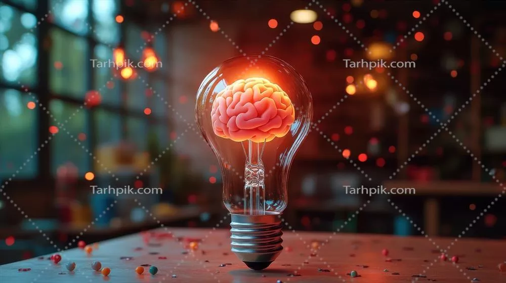 ایده خلاقانه مغز درون لامپ با ذرات درخشان در محیط صنعتی مدرن