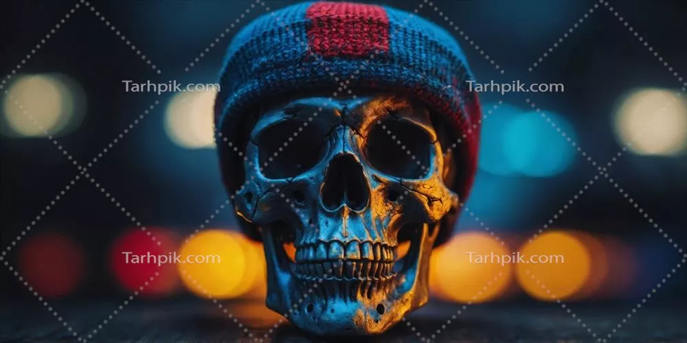 جمجمه آبی با کلاهی قرمز و زرد بر روی آن