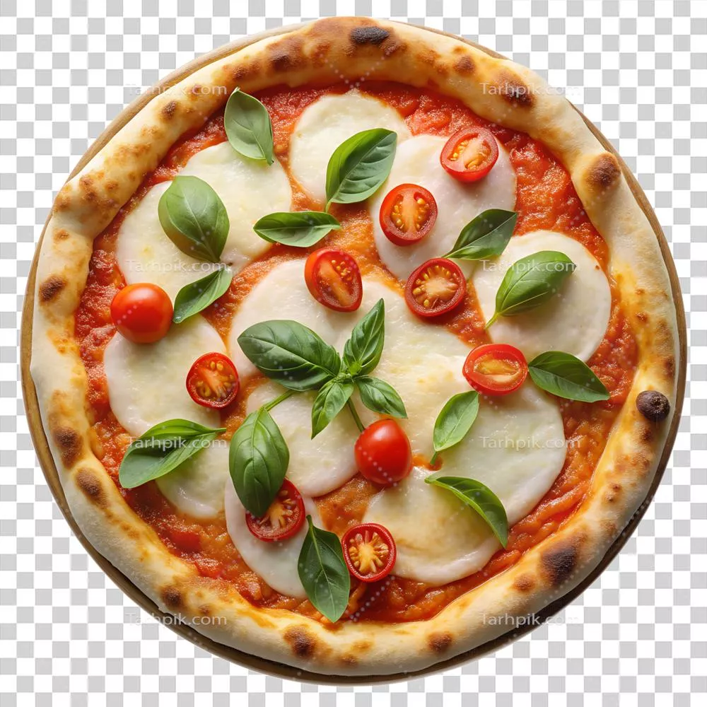 پیتزا مارgherita خانگی با ریحان بر روی پسزمینه شفاف