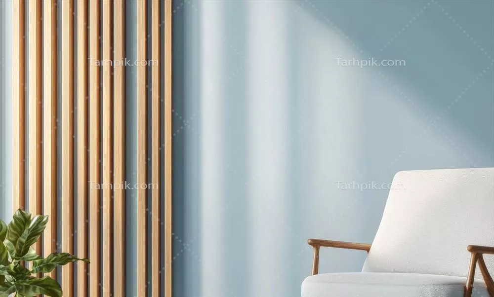 طراحی داخلی دنج با صندلی سفید شیک و جزئیات چوبی در اتاق آبی آرام