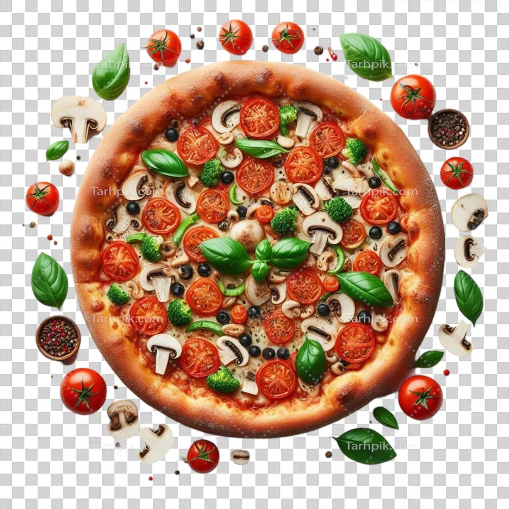 پیتزای داغ و تازه با قارچ، زیتون و گوجهفرنگی