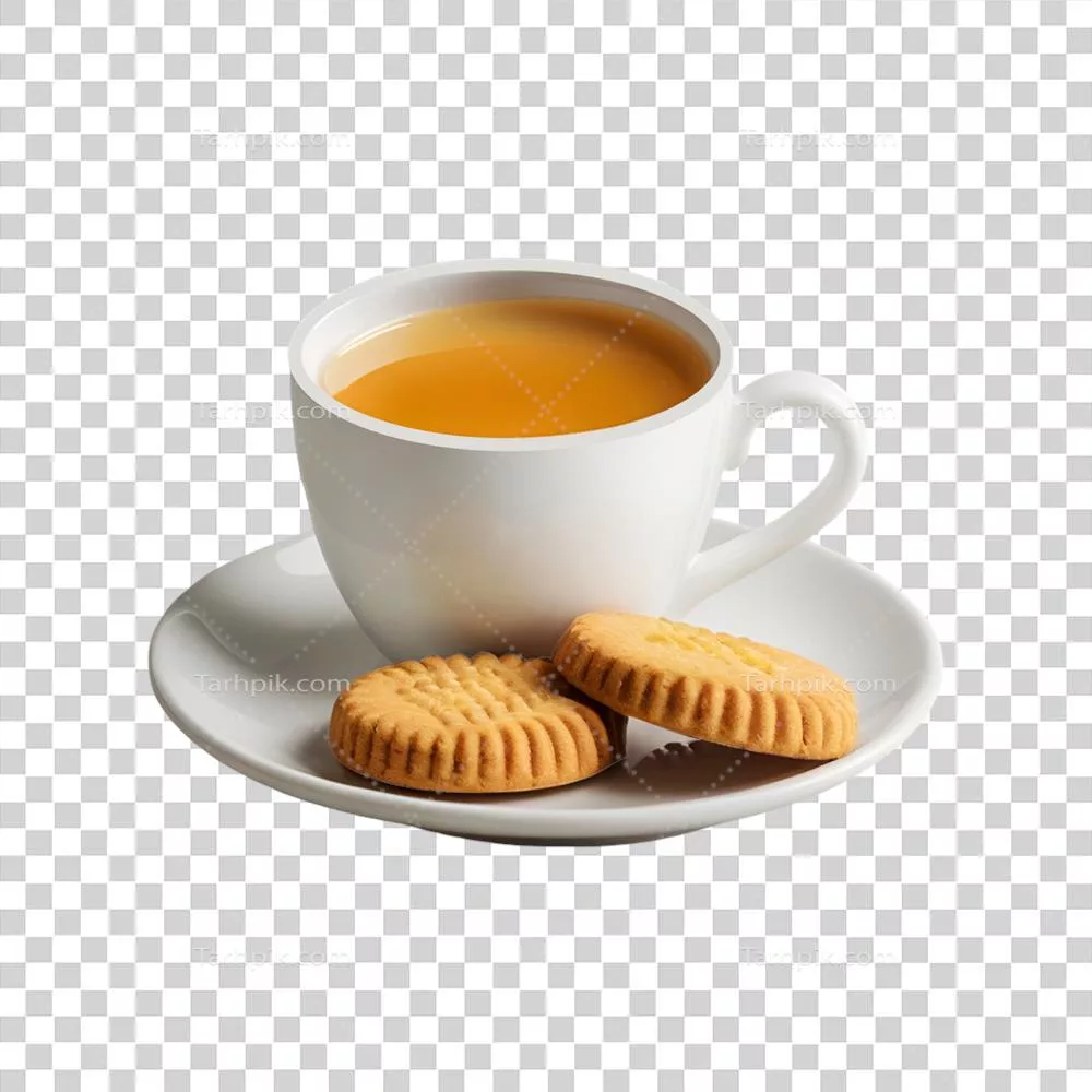 فنجان چای با بیسکویت در زمینه شفاف - لذت چای نوشیدنی