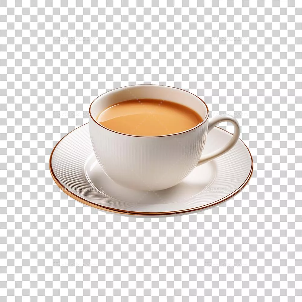 فنجان سفالی سفید پر از چای شیر بر روی پس‌زمینه شفاف