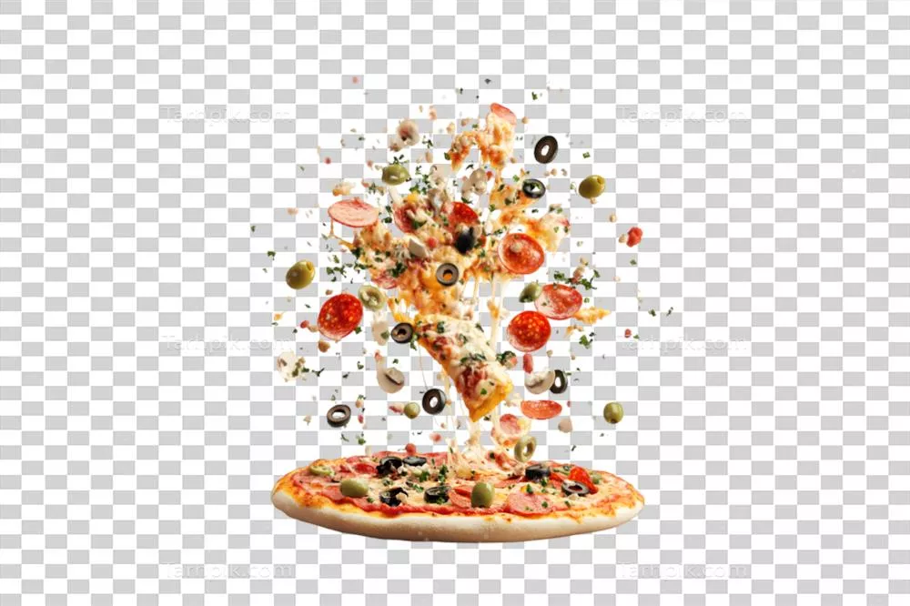 پیتزا با برش‌های شناور و تزیینات در پس‌زمینه شفاف