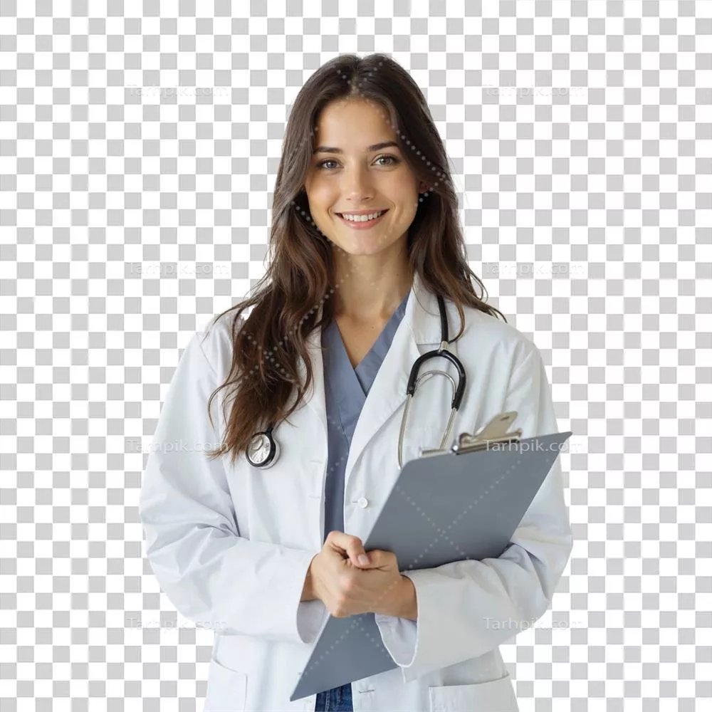 پزشک زن خوشحال با پس‌زمینه شفاف و بدون عیب و نقص