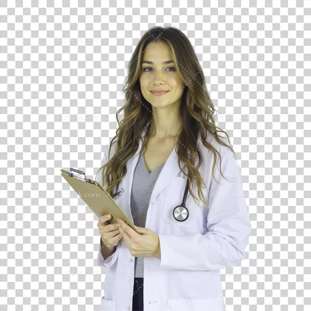 دکتر زن با لبخند بر روی پس‌زمینه شفاف به تصویر کشیده شده است