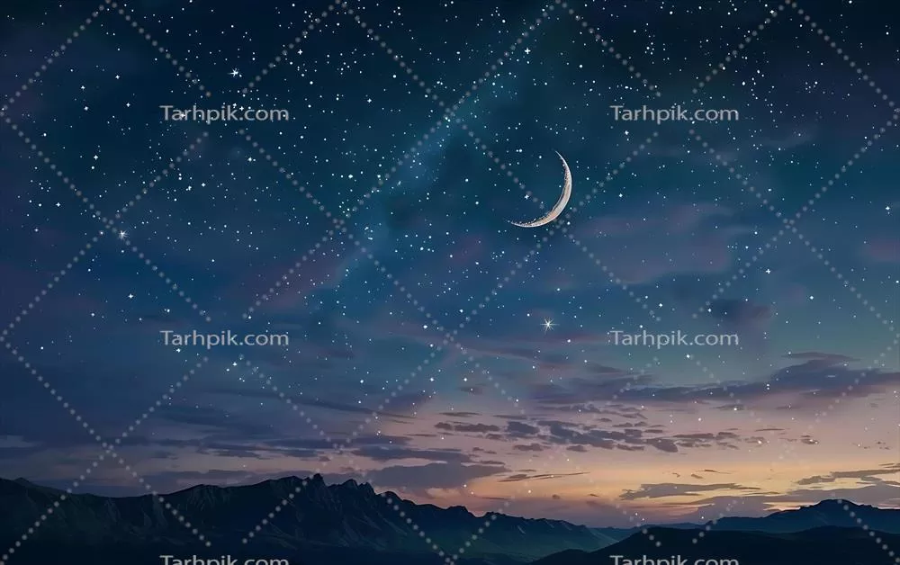 آسمان زیبای شب پرستاره با هلال ماه نماد آغاز رمضان در فرهنگ اسلامی