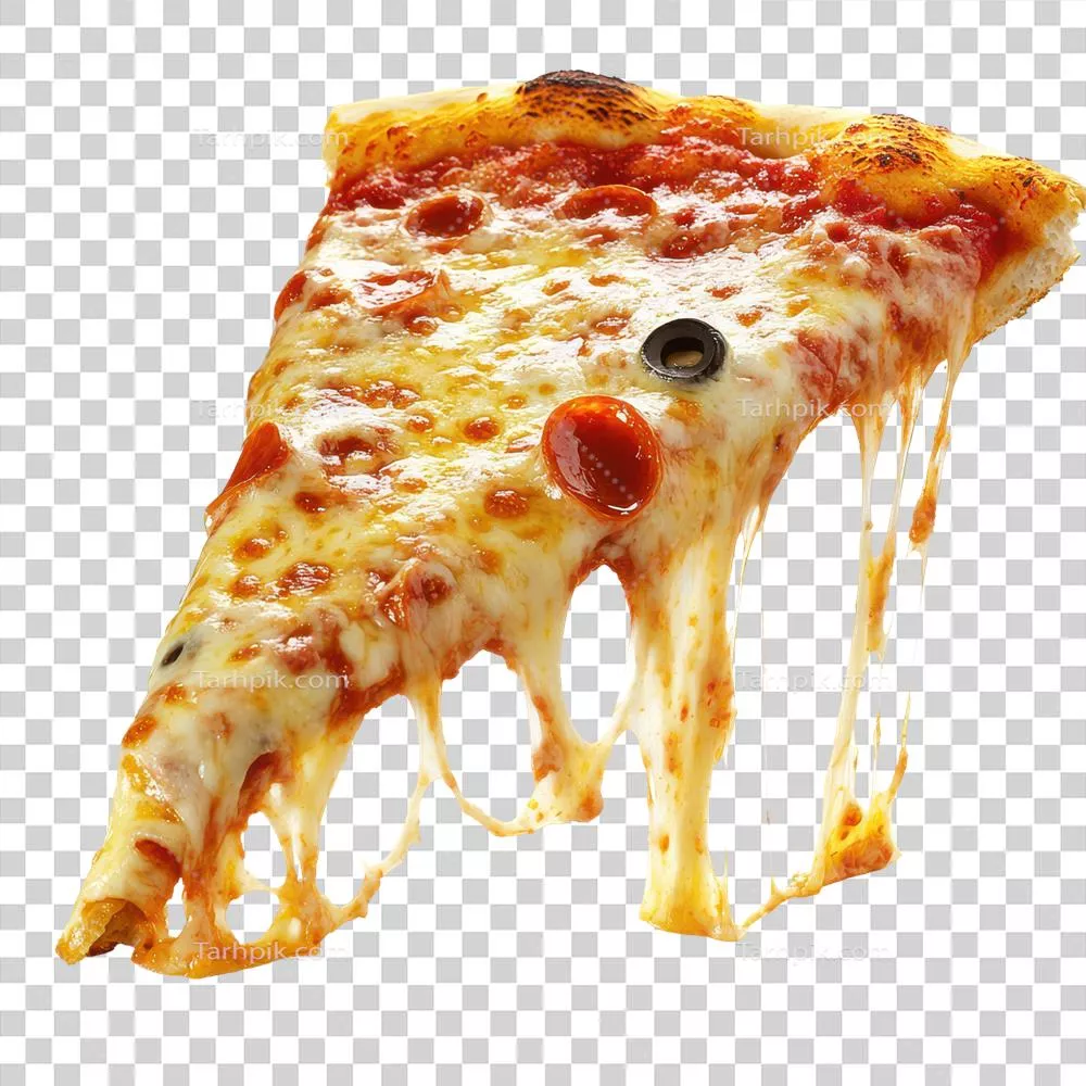 برشی خوشمزه از پیتزا با پنیر کشدار و سوسیس بر روی پس‌زمینه شفاف برای طرفداران پیتزا