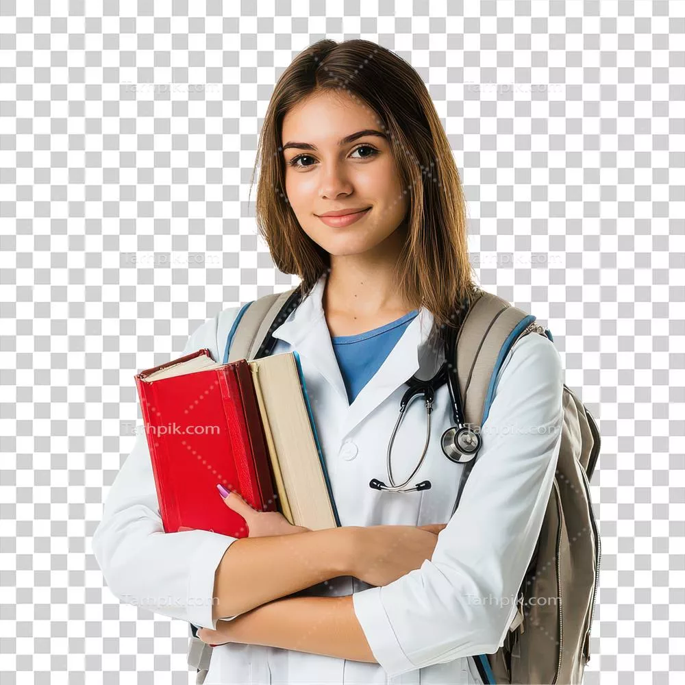 دانشجوی زن جوان پزشکی با کوله پشتی و کتابها در دانشگاه برای ترم بعد آماده میشود