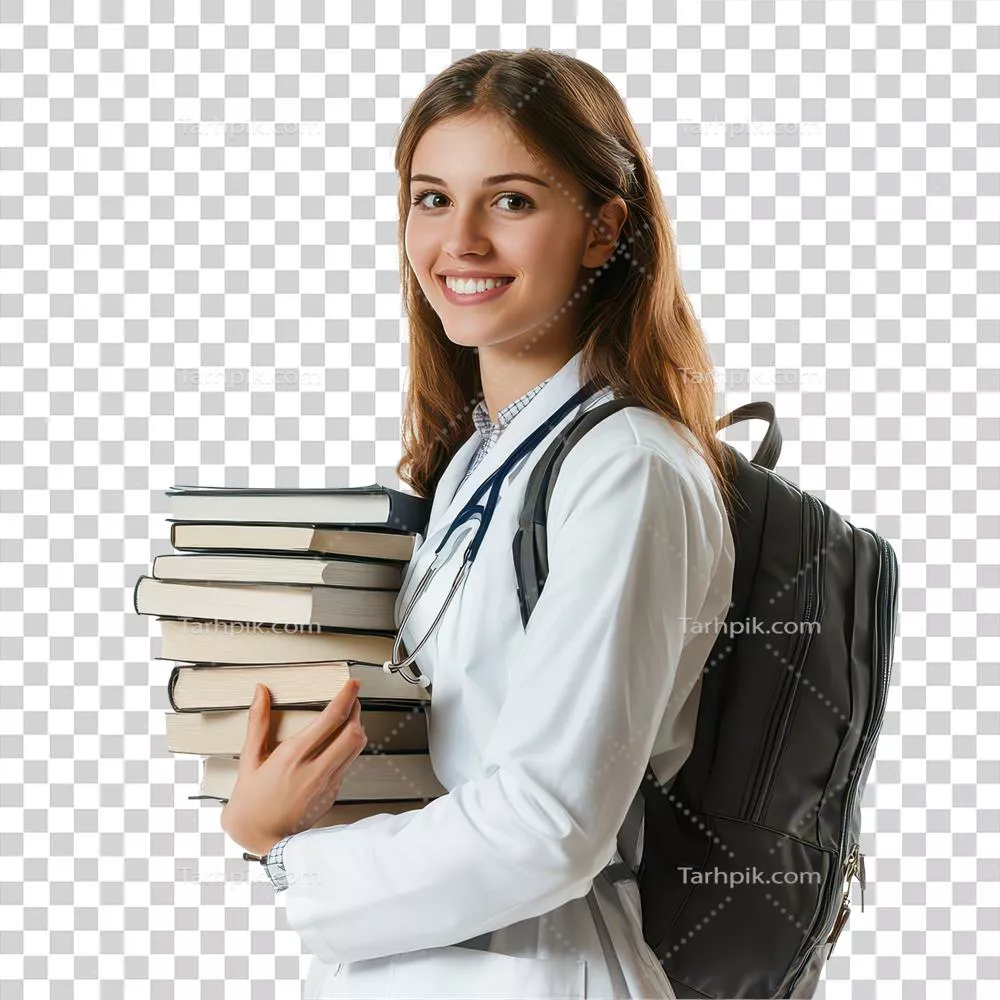 دانشجوی پزشکی جذاب و جوان در حال حاضر در محوطه دانشگاه با کولهپشتی و کتابها