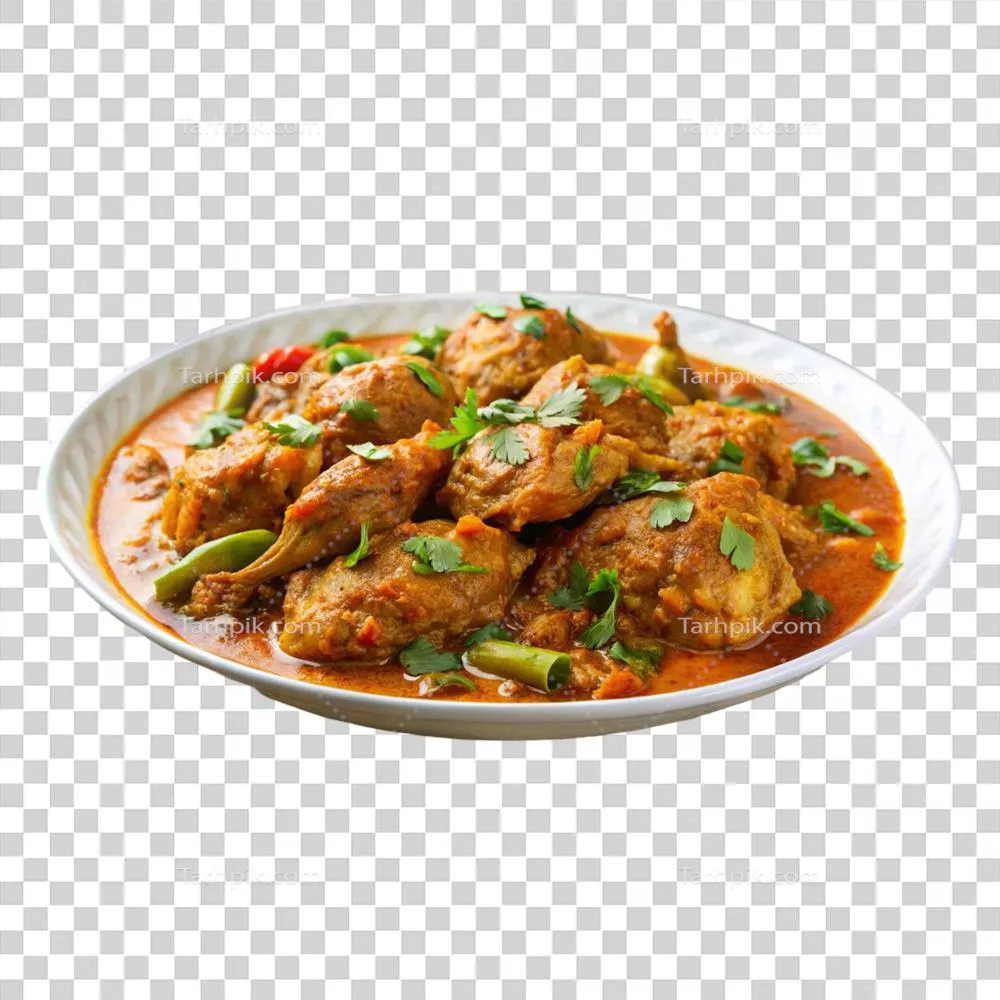خورشت مرغ تند با طعمهای عالی و جداسازی در پسزمینه شفاف