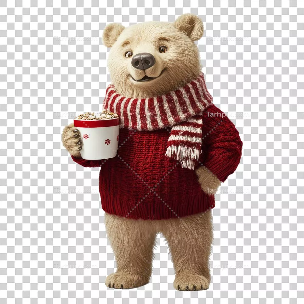 تصویر دیجیتال از یک خرس شاد با نوشیدنی گرم در فصل زمستان