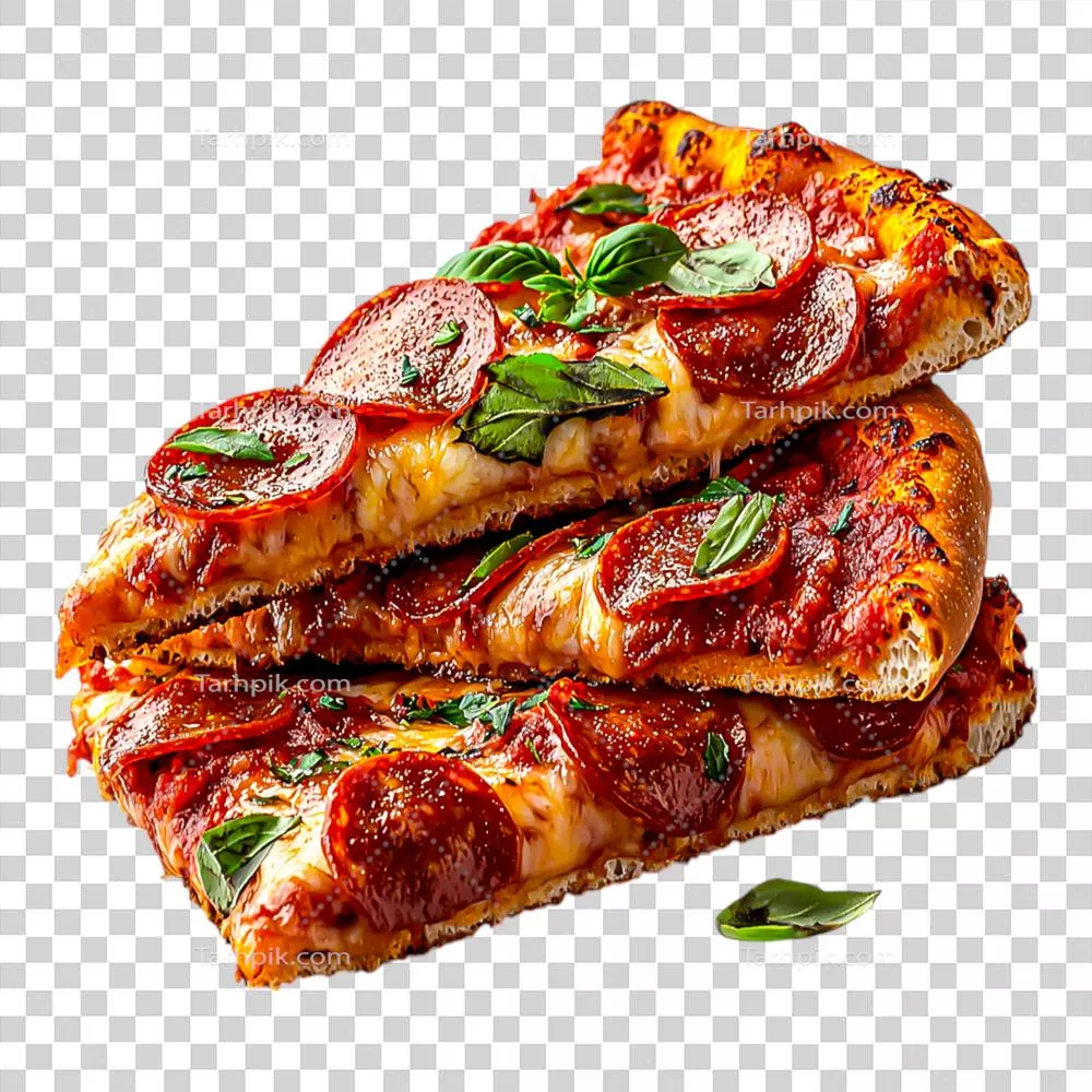 برش‌های پیتزا پپرونی خوشمزه با ریحان تازه و پنیر ذوب شده