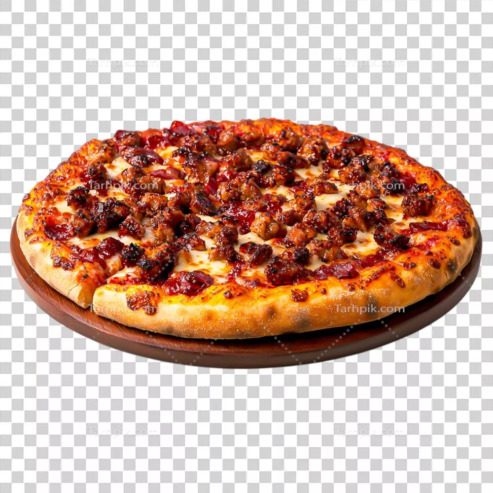 پیتزا سوسیس خوشمزه با پنیر ذوب شده و سبزیجات معطر روی بشقاب