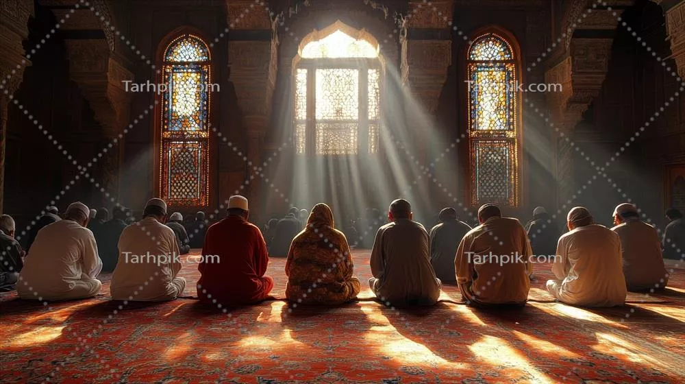 نماز مسلمانان بر روی فرش رنگارنگ در فضایی آرام در میانه روز