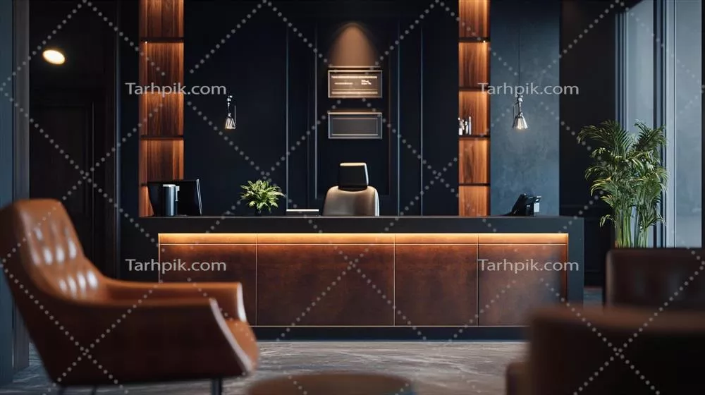 دفتر مدرن با صندلی چرمی قهوه‌ای و میز مناسب با لپ‌تاپ در نور کم و طراحی مینیمالیستی