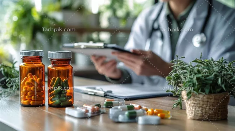 بررسی مواد دارویی توسط متخصص پزشکی در مرکز سلامتی با پس زمینه گیاهان