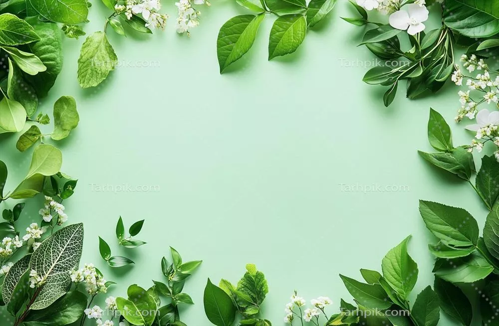 ترتیب طبیعی برگهای سبز و گلها بر روی پسزمینه نرم سبز برای پروژههای خلاقانه
