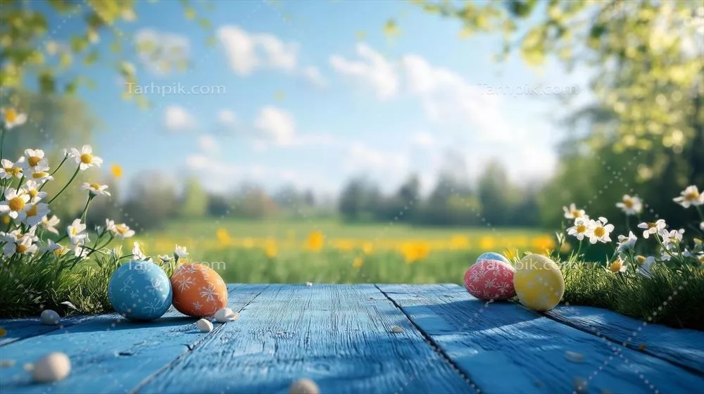 روز بهار با تخم‌مرغ‌ه ایستاده رنگارنگ در یک میز چوبی در باغی سرسبز و پررنگ