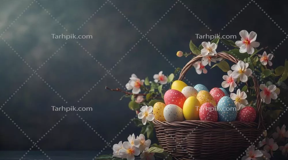 تزیینات رنگارنگ تخممرغهای عید پاک در سبد بافتنی در کنار گلها در جشن بهاری