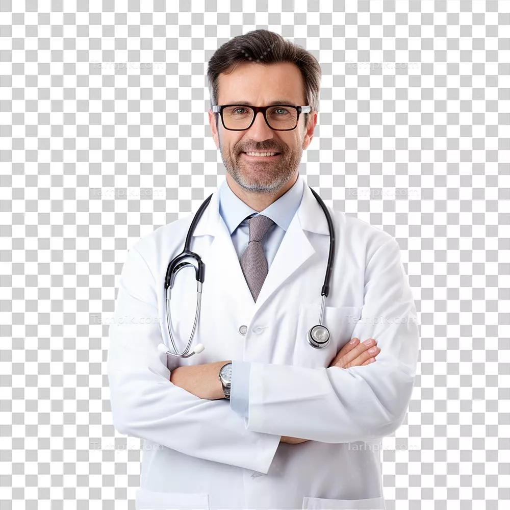 دکتر مرد با اعتماد به نفس در لباس سفید و لبخند زیبا