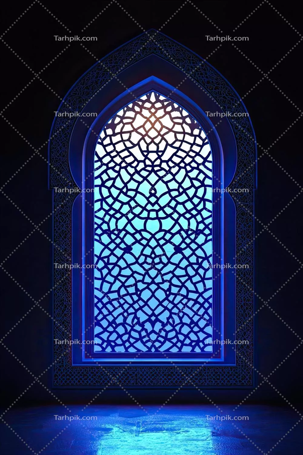تصویر سهبعدی از interior مسجد اسلامی با نور ملایم ماه در پسزمینه ماه مبارک رمضان