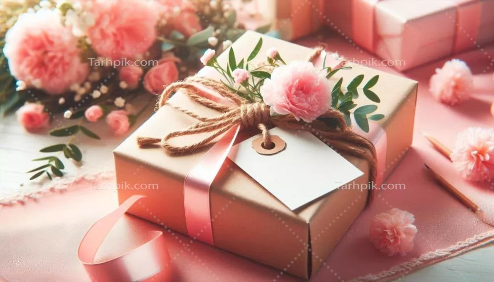 جعبه صورتی هدیه با برچسب خالی، روبان و گلها برای روز ولنتاین، روز مادر یا تولد