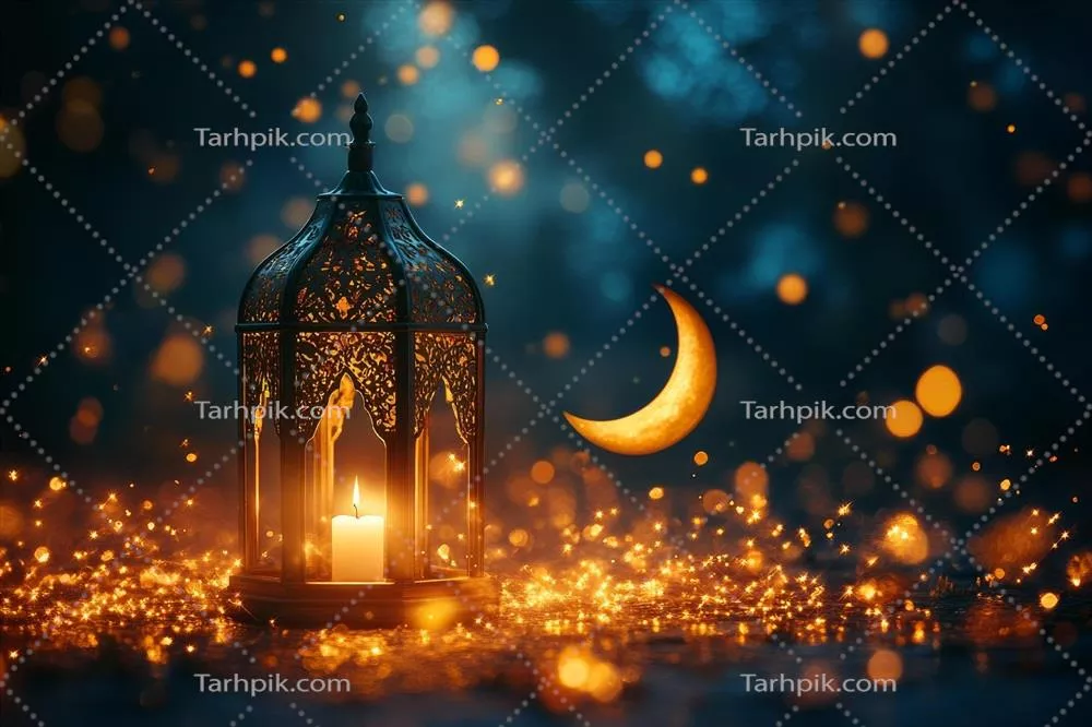 چراغ رمضانی با ماه و ستارهها در زمینه تاریک