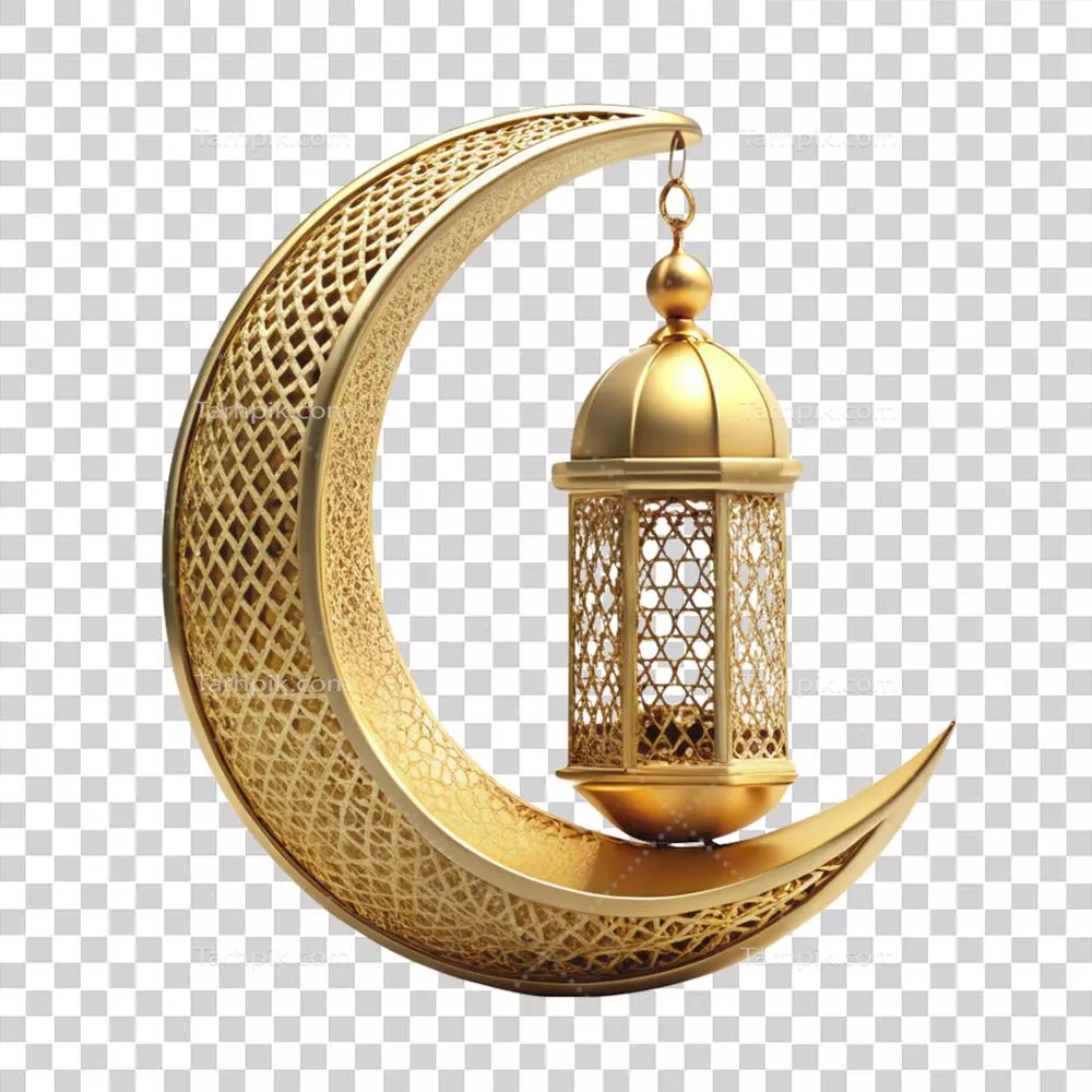 چراغ طلایی سه بعدی اسلامی رمضان با ماه بر روی پس زمینه شفاف